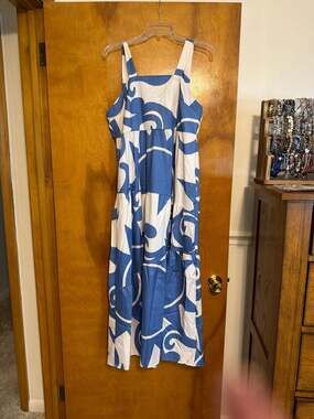 Printed Babydoll Smock Maxi Dress Blue White Abstract